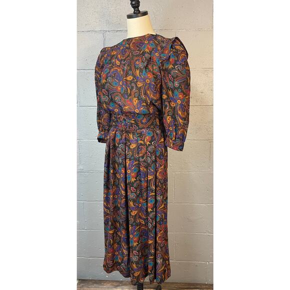 Vintage 1980s Sheer Floral Psychedelic Paisley Blouson Midi Dress Shirt Dress SM - Picture 8 of 10